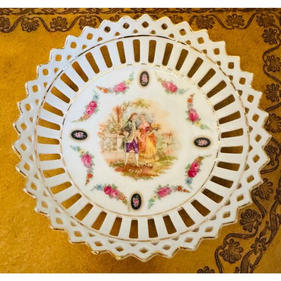 VTG German Romantic Victorian Floral Gold Trim Flower Reticulated Plate & Bowl - Picture 4 of 5
